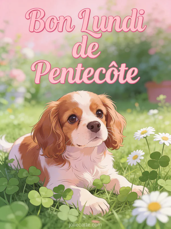 Chiot cavalier king charles couché dans l'herbe parmi trèfles et pâquerettes avec le texte Bon Lundi de Pentecôte
