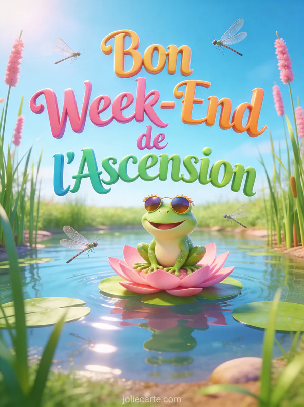 Grenouille verte avec lunettes de soleil sur nénuphar rose avec libellules et texte Bon Week-End de l'Ascension