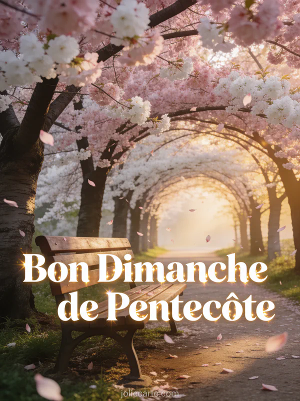 Allée de cerisiers en fleurs formant un tunnel rose avec pétales tombant et banc avec le texte Bon Dimanche de Pentecôte