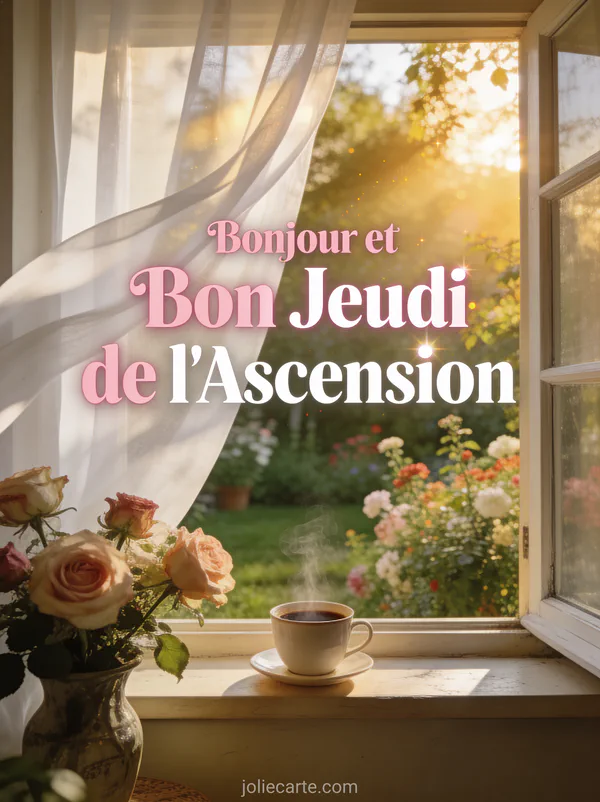 Tasse de café sur rebord de fenêtre ouverte sur jardin avec roses et lumière matinale et texte Bonjour et Bon Jeudi de l'Ascension