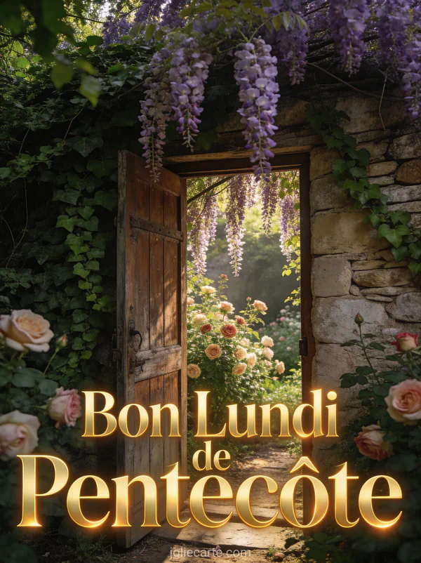 Portail en bois ouvert sur jardin de roses avec glycine en cascade et mur de lierre avec le texte Bon Lundi de Pentecôte
