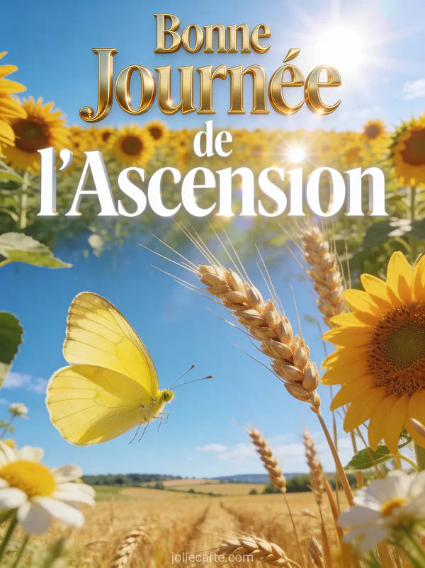 Champ de tournesols et blé doré avec papillon citron sous ciel bleu et texte Bonne Journée de l'Ascension