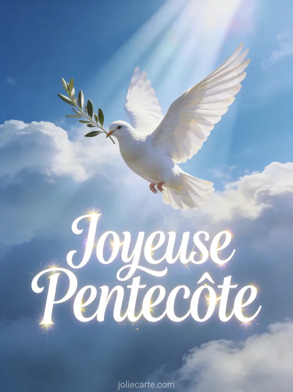 Colombe blanche portant un rameau d'olivier dans son bec avec rayons de lumière divine et le texte Joyeuse Pentecôte