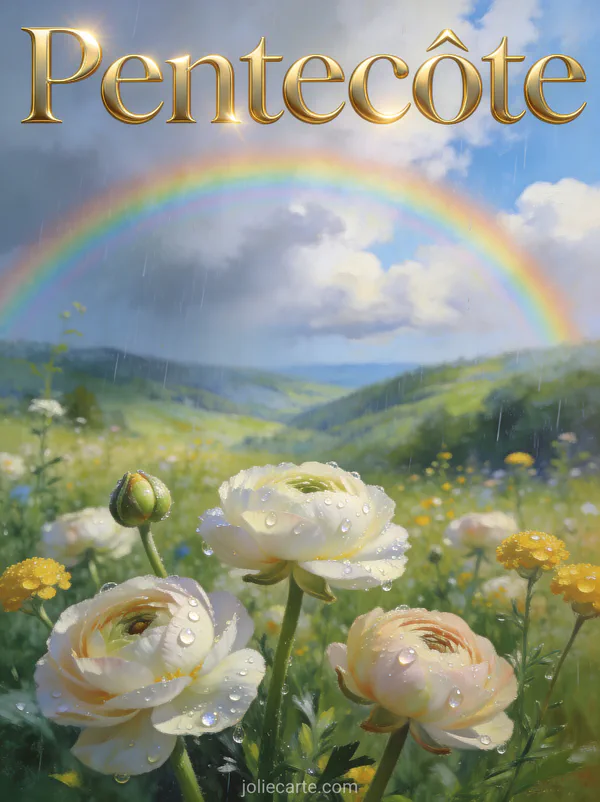 Arc-en-ciel au-dessus d'une vallée verdoyante avec prairie de boutons d'or après la pluie et le texte Pentecôte