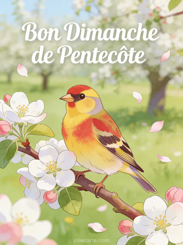 Chardonneret coloré posé sur une branche de pommier en fleurs avec le texte Bon Dimanche de Pentecôte