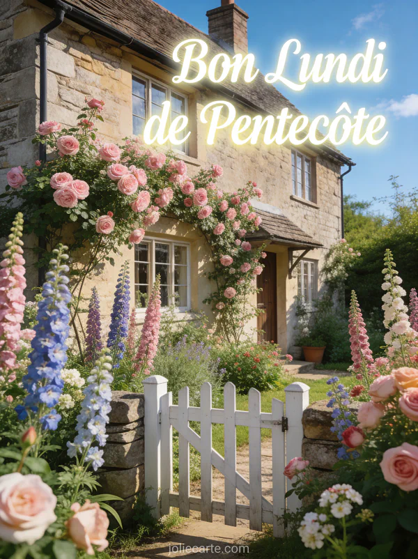 Cottage anglais couvert de rosiers grimpants avec jardin de lupins et delphiniums avec le texte Bon Lundi de Pentecôte