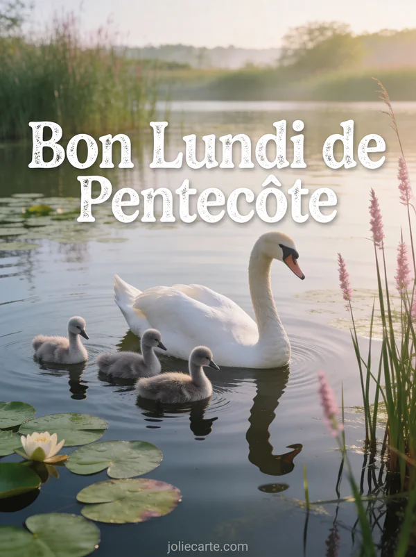 Cygne blanc avec ses petits cygnons sur un étang avec nénuphars avec le texte Bon Lundi de Pentecôte