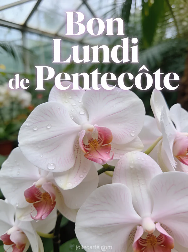 Orchidées blanches et roses avec gouttes de rosée sur les pétales avec le texte Bon Lundi de Pentecôte