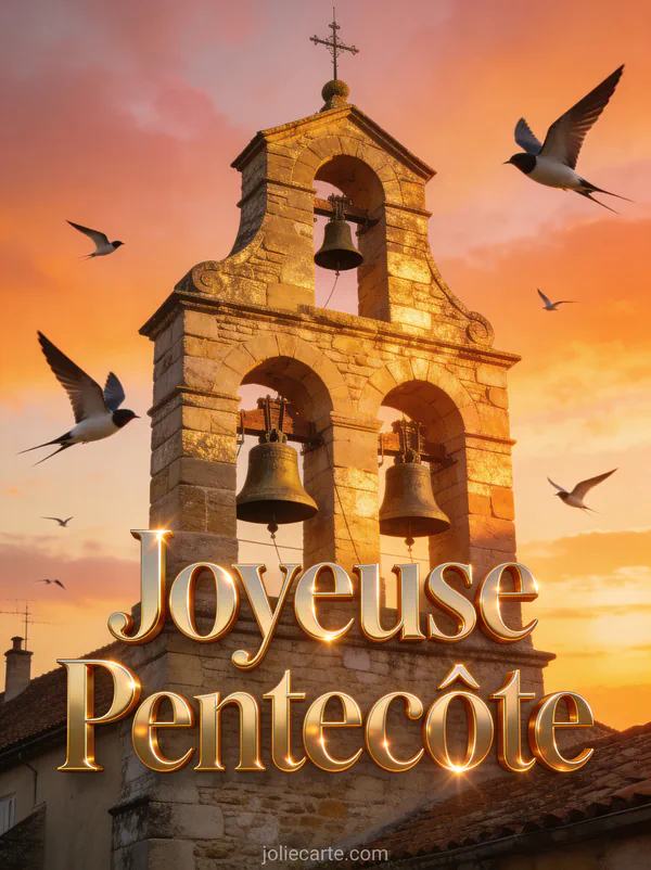 Clocher d'église de village au coucher du soleil avec hirondelles et le texte Joyeuse Pentecôte