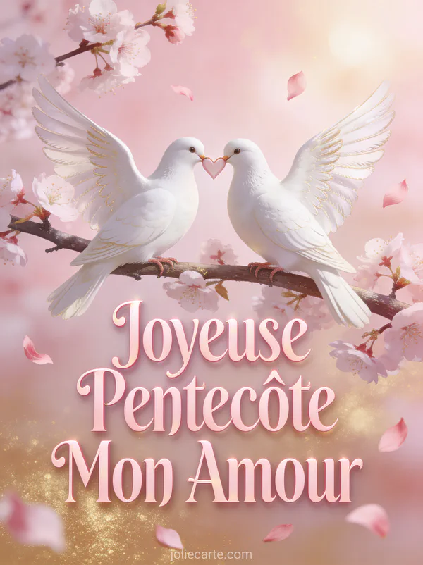 Deux colombes blanches tendres sur une branche de cerisier en fleurs formant un coeur avec le texte Joyeuse Pentecôte Mon Amour
