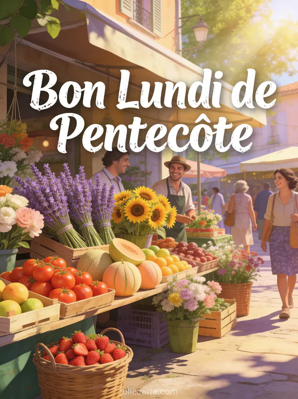 Marché provençal avec étals de fleurs lavande et tournesols au soleil avec le texte Bon Lundi de Pentecôte