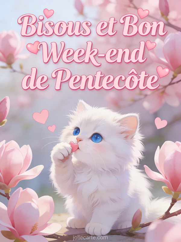 Chaton persan blanc aux yeux bleus envoyant un bisou avec coeurs et magnolias avec le texte Bisous et Bon Week-end de Pentecôte