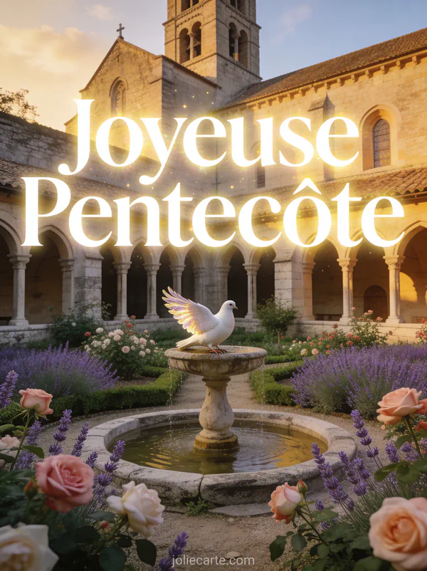 Abbaye médiévale avec jardin de roses et lavande et colombe sur la fontaine avec le texte Joyeuse Pentecôte