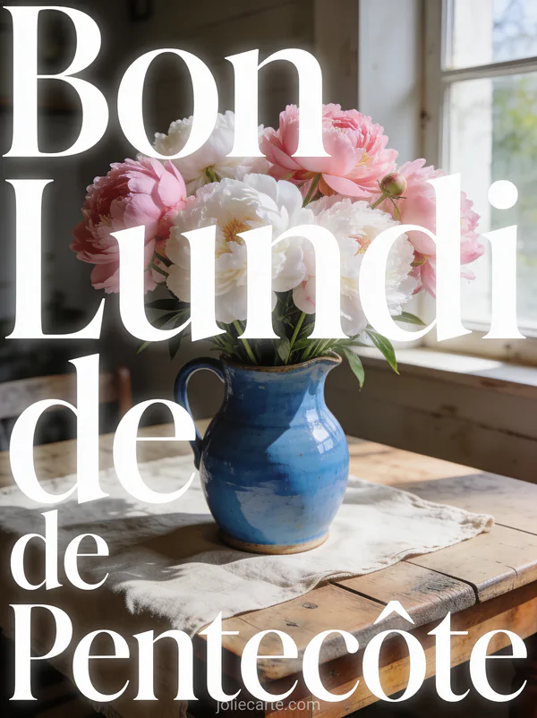 Bouquet de pivoines roses et blanches dans un pichet en céramique bleue sur table en bois avec le texte Bon Lundi de Pentecôte