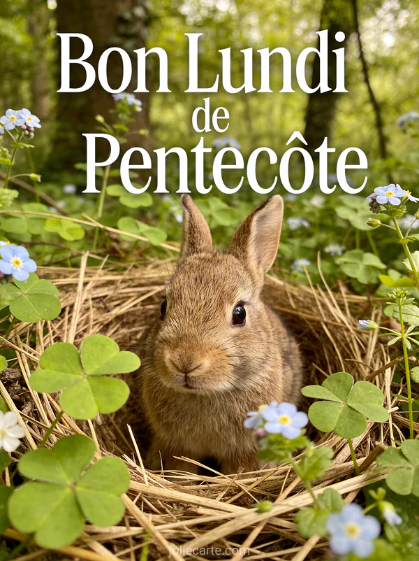 Bébé lapin brun dans un nid d'herbe avec trèfles à quatre feuilles et fleurs sauvages avec le texte Bon Lundi de Pentecôte