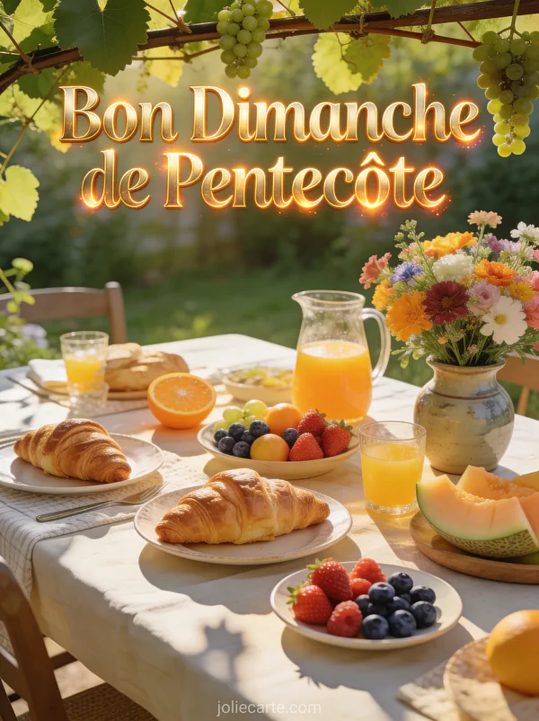 Table de brunch en extérieur avec croissants fruits fleurs et treille de vigne avec le texte Bon Dimanche de Pentecôte