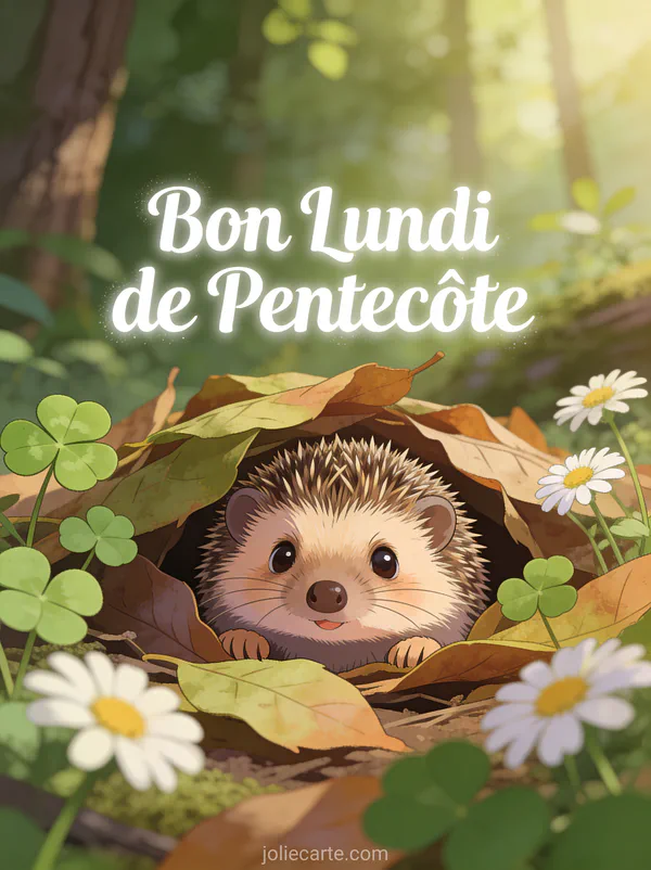 Hérisson sortant sa tête des feuilles avec trèfles et pâquerettes autour avec le texte Bon Lundi de Pentecôte