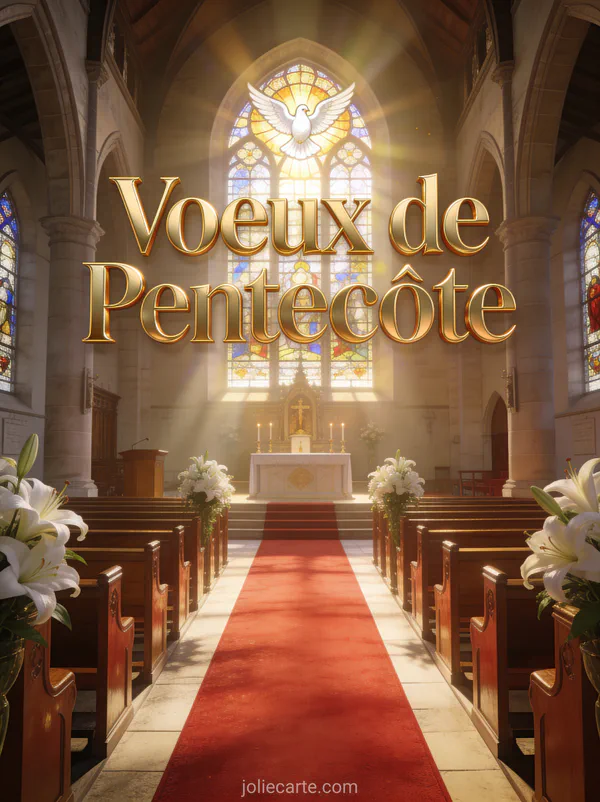 Intérieur d'église avec lumière traversant un vitrail à la colombe et lys blancs avec le texte Voeux de Pentecôte