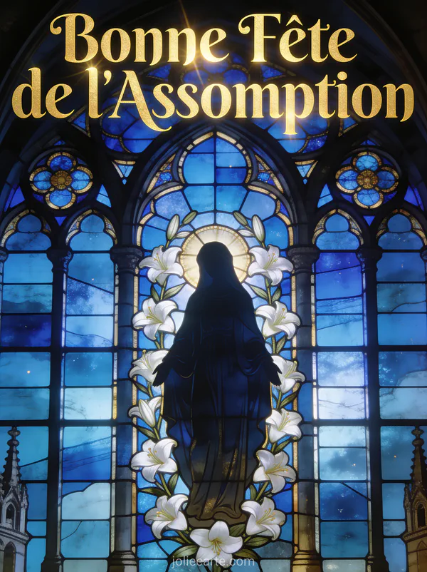 Vitrail de cathédrale aux teintes bleu et or avec silhouette mariale entourée de lys blancs et texte Bonne Fête de l'Assomption
