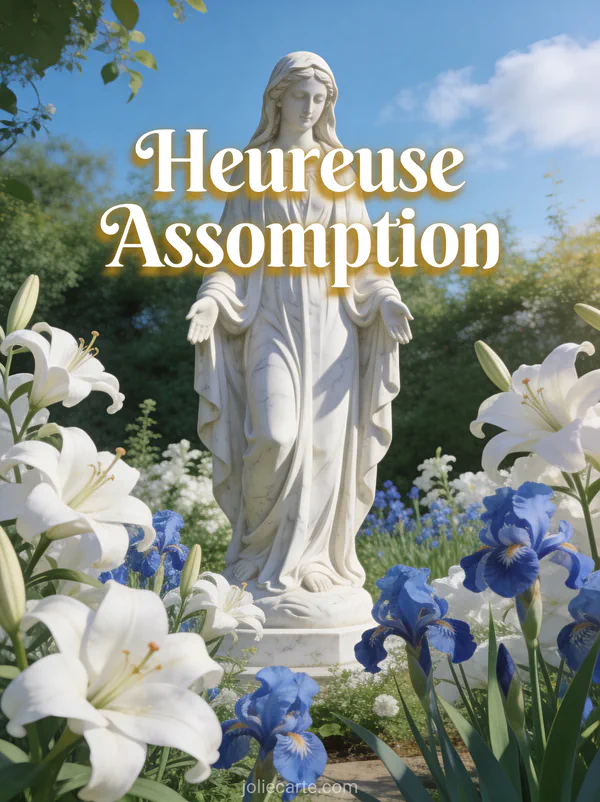 Statue en marbre blanc de la Vierge Marie dans un jardin de lys blancs et iris bleus avec le texte Heureuse Assomption