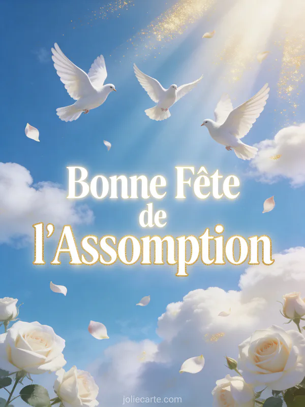 Trois colombes blanches s'envolant vers un ciel doré avec pétales de roses et texte Bonne Fête de l'Assomption