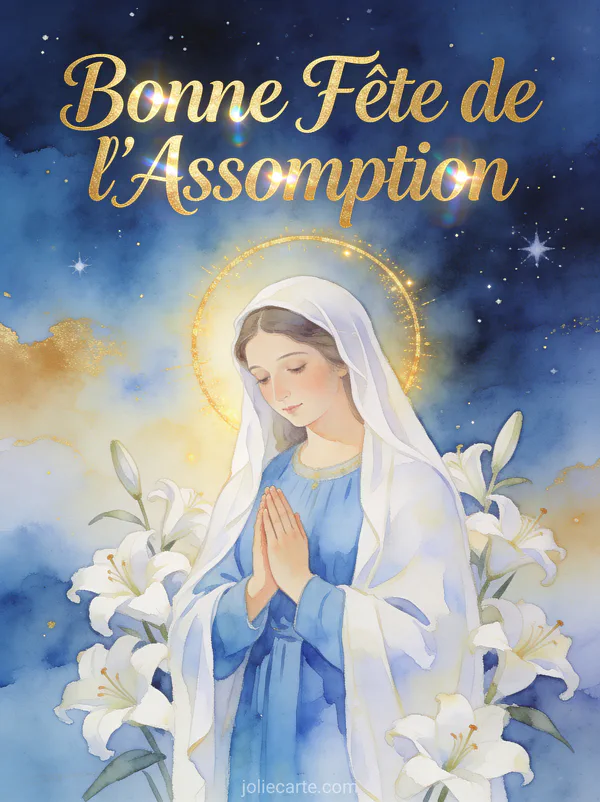 Illustration de la Vierge Marie en robe bleue entourée de lys blancs et d'un halo doré avec texte Bonne Fête de l'Assomption