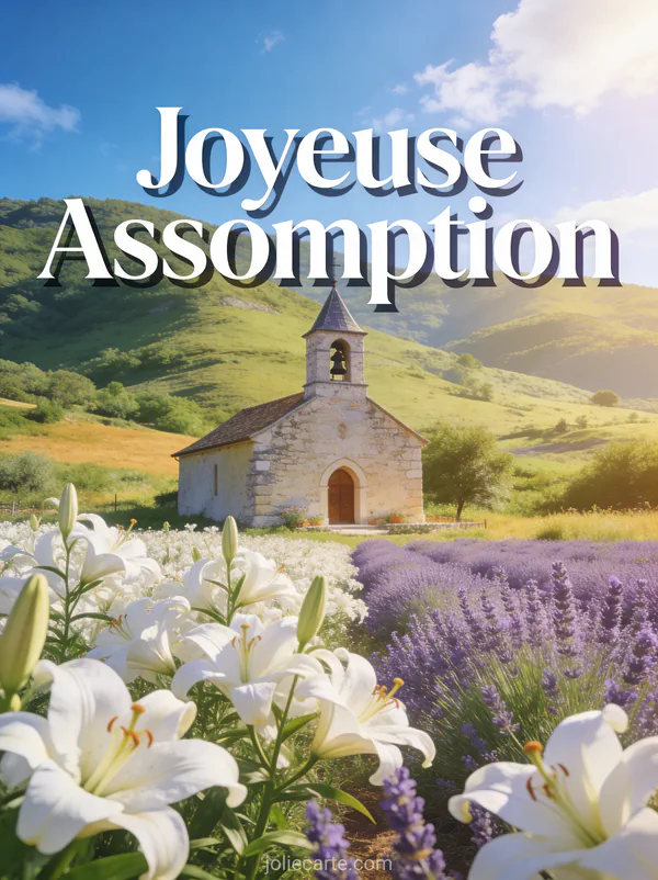 Chapelle de campagne en pierre entourée de lys blancs et de lavande sous un ciel d'été bleu avec texte Joyeuse Assomption