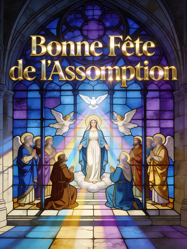 Grand vitrail de cathédrale gothique bleu et or avec colombe blanche et texte Bonne Fête de l'Assomption