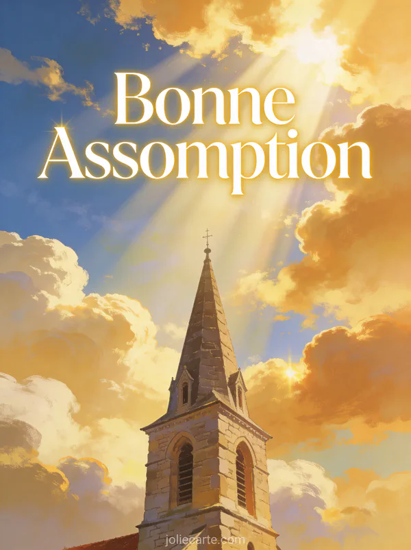 Rayons de soleil dorés perçant les nuages au-dessus d'un clocher d'église en pierre avec texte Bonne Assomption