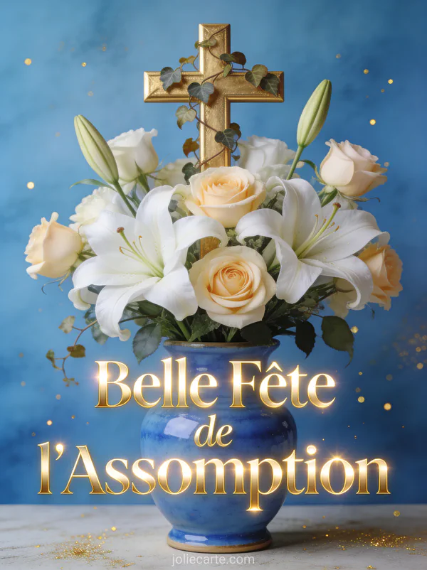 Bouquet de lys blancs et roses crème dans un vase bleu devant une croix dorée avec texte Belle Fête de l'Assomption