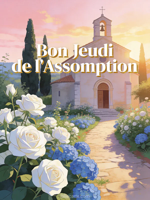 Église de village provençal au lever du soleil avec rosiers blancs et hortensias bleus et texte Bon Jeudi de l'Assomption