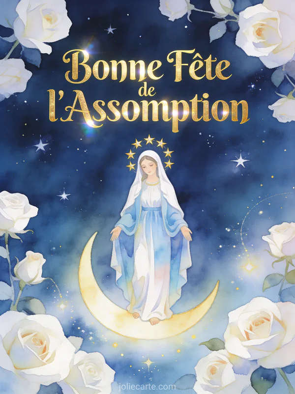 Illustration de la Vierge Marie en robe bleue couronnée de douze étoiles sur un croissant de lune entourée de roses blanches