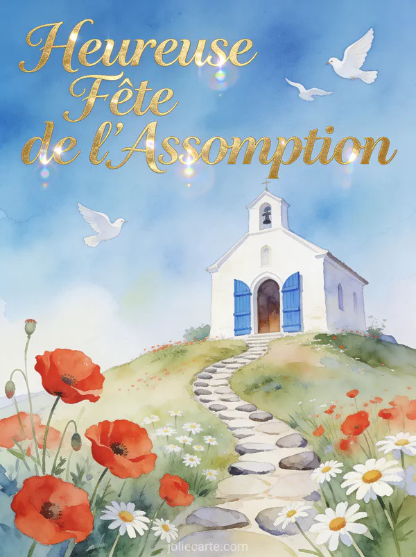 Illustration aquarelle d'une chapelle blanche sur une colline avec coquelicots marguerites et colombes texte Heureuse Fête de l'Assomption
