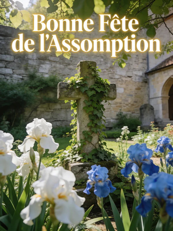 Croix en pierre couverte de lierre entourée d'iris blancs et bleus dans un jardin de monastère avec texte Bonne Fête de l'Assomption