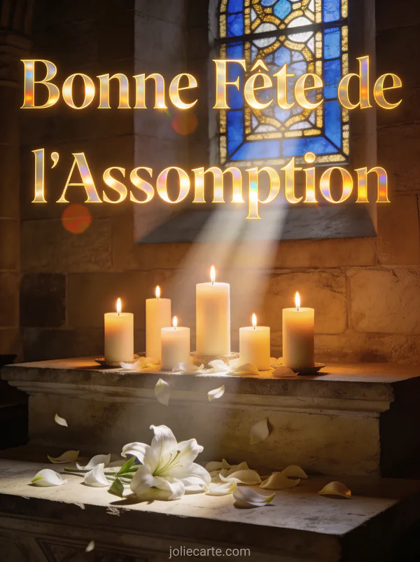 Cierges allumés sur un autel en pierre avec rayon de lumière traversant un vitrail et pétales de lys texte Bonne Fête de l'Assomption