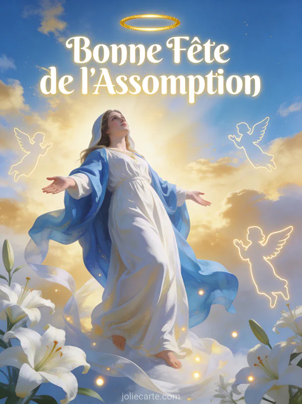 Illustration de la Vierge Marie s'élevant vers le ciel en robe blanche et manteau bleu entourée de lys et lumière dorée