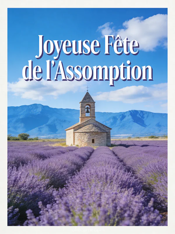 Paysage provençal avec église en pierre dans un champ de lavande sous un ciel bleu d'été texte Joyeuse Fête de l'Assomption