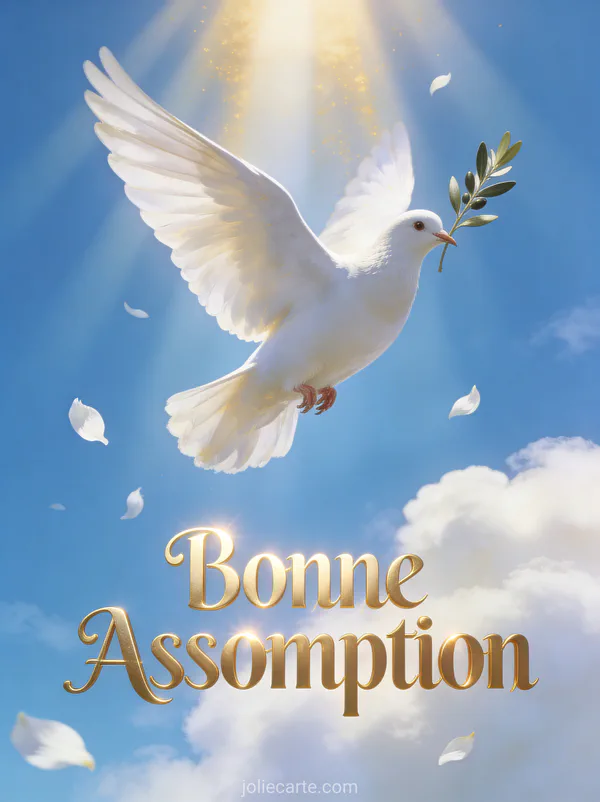 Colombe blanche portant un rameau d'olivier dans un ciel bleu avec rayons dorés et texte Bonne Assomption