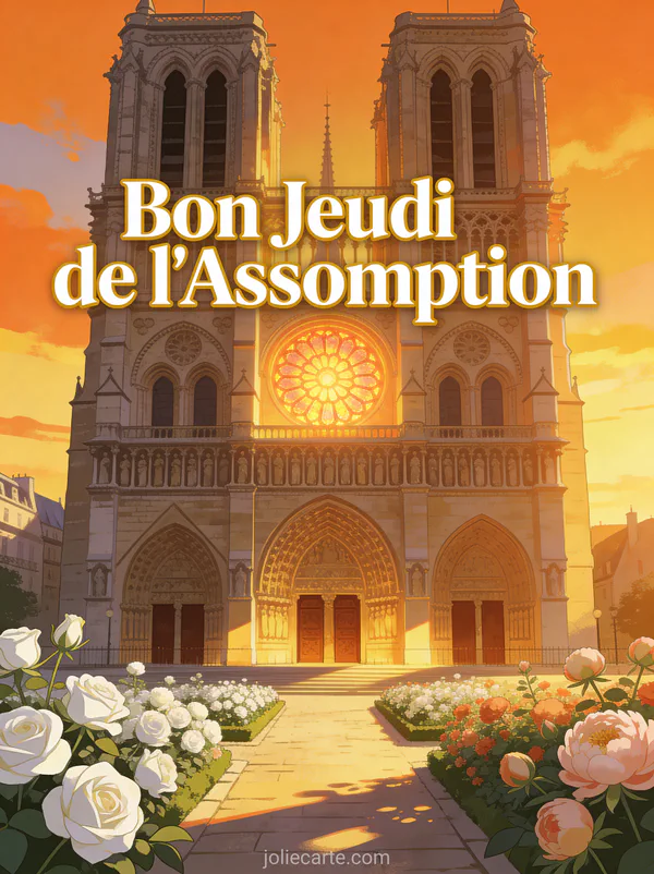 Cathédrale gothique baignée de lumière dorée avec rosace illuminée et massifs de roses blanches texte Bon Jeudi de l'Assomption