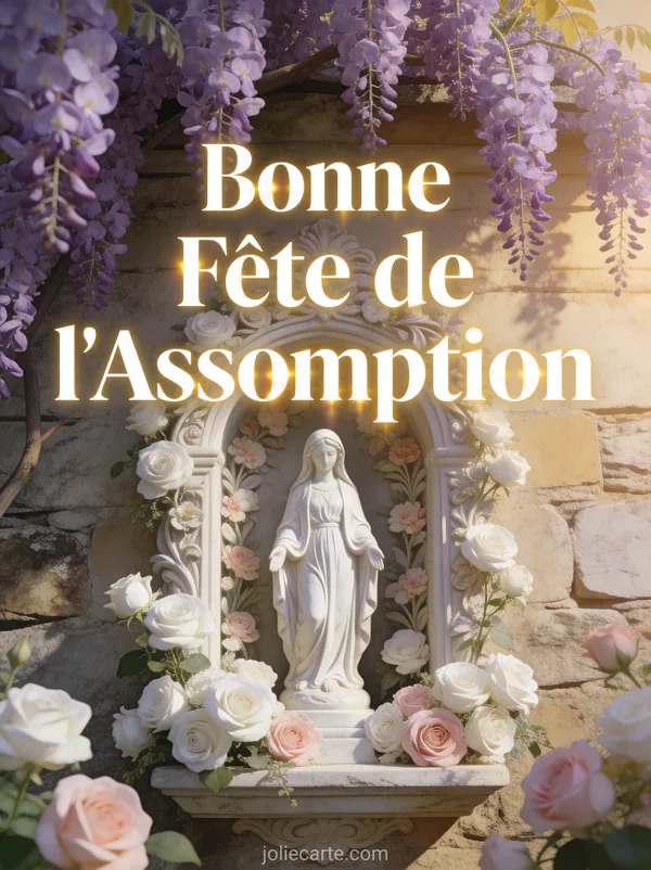 Statue de la Vierge Marie en pierre blanche dans une niche ornée de roses blanches et glycine mauve