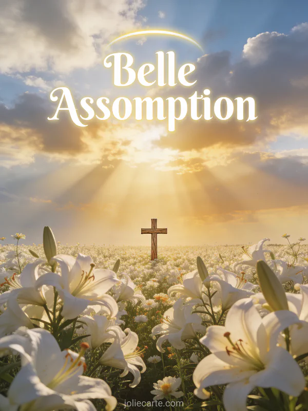 Champ de lys blancs sous des rayons de soleil dorés perçant les nuages avec croix en bois au loin texte Belle Assomption