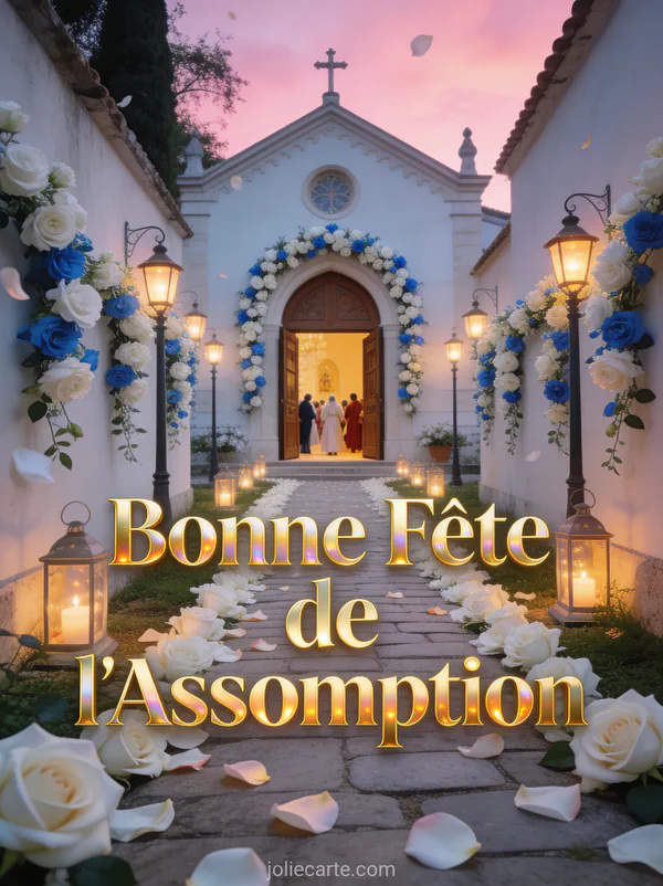 Chemin pavé bordé de pétales de roses blanches menant à une chapelle ornée de guirlandes fleuries texte Bonne Fête de l'Assomption
