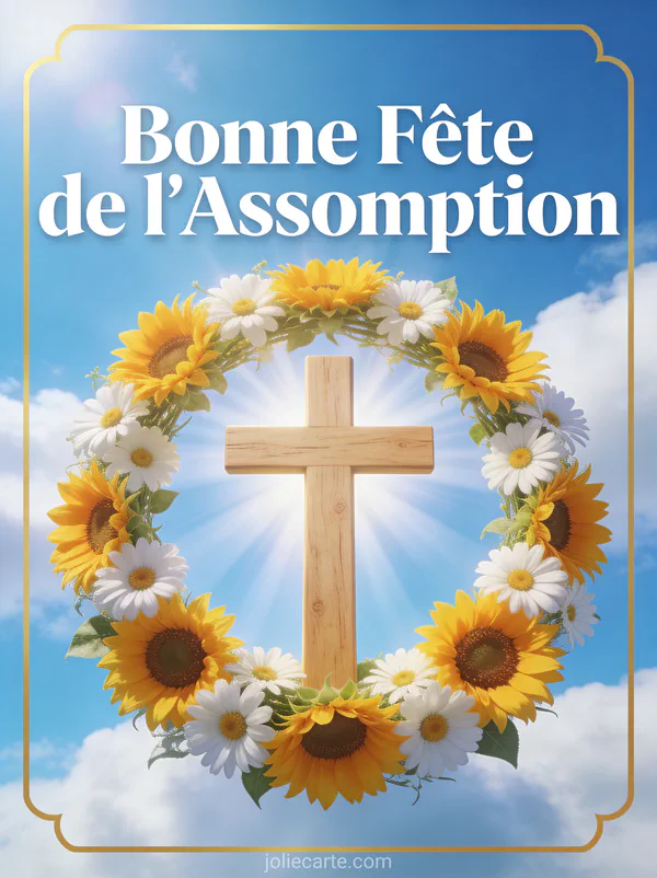 Croix en bois clair entourée de tournesols et marguerites sous un ciel bleu avec rayons de soleil texte Bonne Fête de l'Assomption