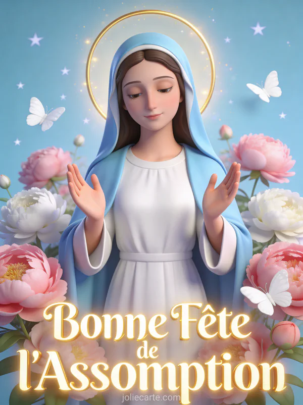 Illustration de la Vierge Marie les mains ouvertes entourée de pivoines roses et papillons blancs avec halo doré