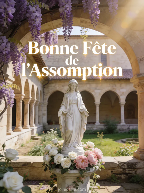 Statue de la Vierge Marie en marbre blanc dans un cloître avec roses blanches pivoines et glycine mauve