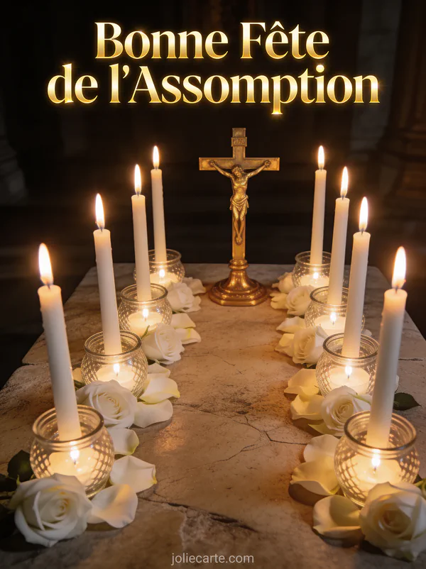 Neuf bougies blanches alignées sur un autel en pierre avec pétales de roses blanches et crucifix doré