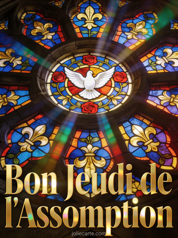 Vitrail rosace coloré avec colombe blanche au centre motifs de lys en bleu rouge et or texte Bon Jeudi de l'Assomption