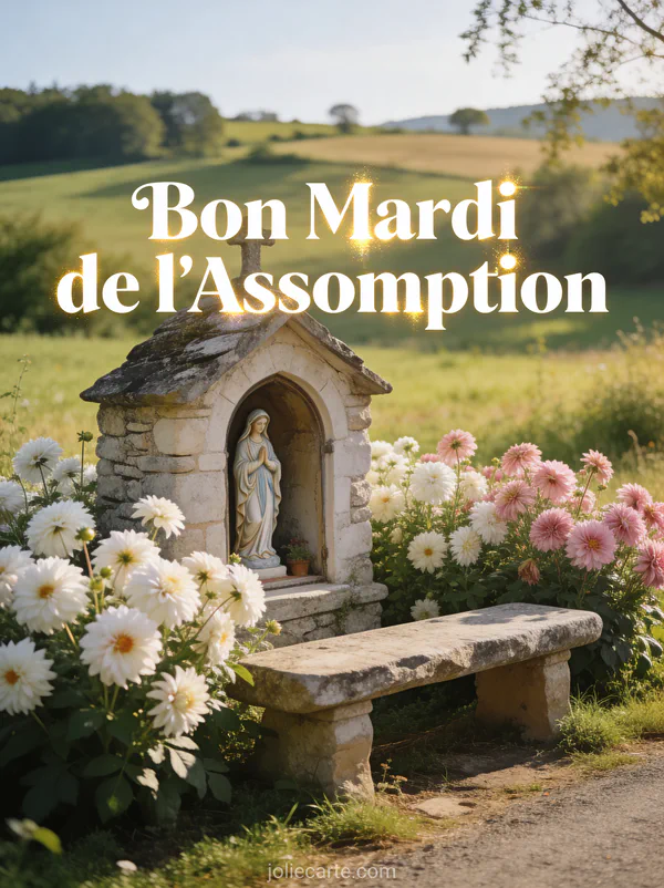 Oratoire de bord de route en pierre avec statuette de la Vierge entouré de dahlias blancs et roses