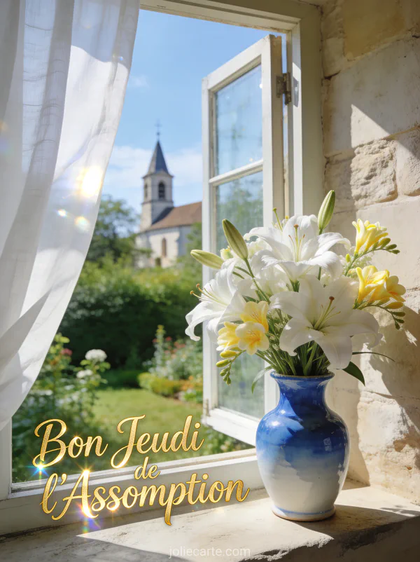 Vase de lys blancs et freesias sur un rebord de fenêtre en pierre avec vue sur un jardin et une chapelle