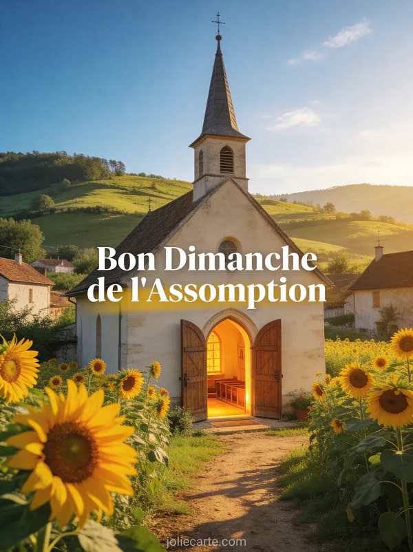 Église de village avec clocher entourée de tournesols sous un ciel bleu d'été texte Bon Dimanche de l'Assomption